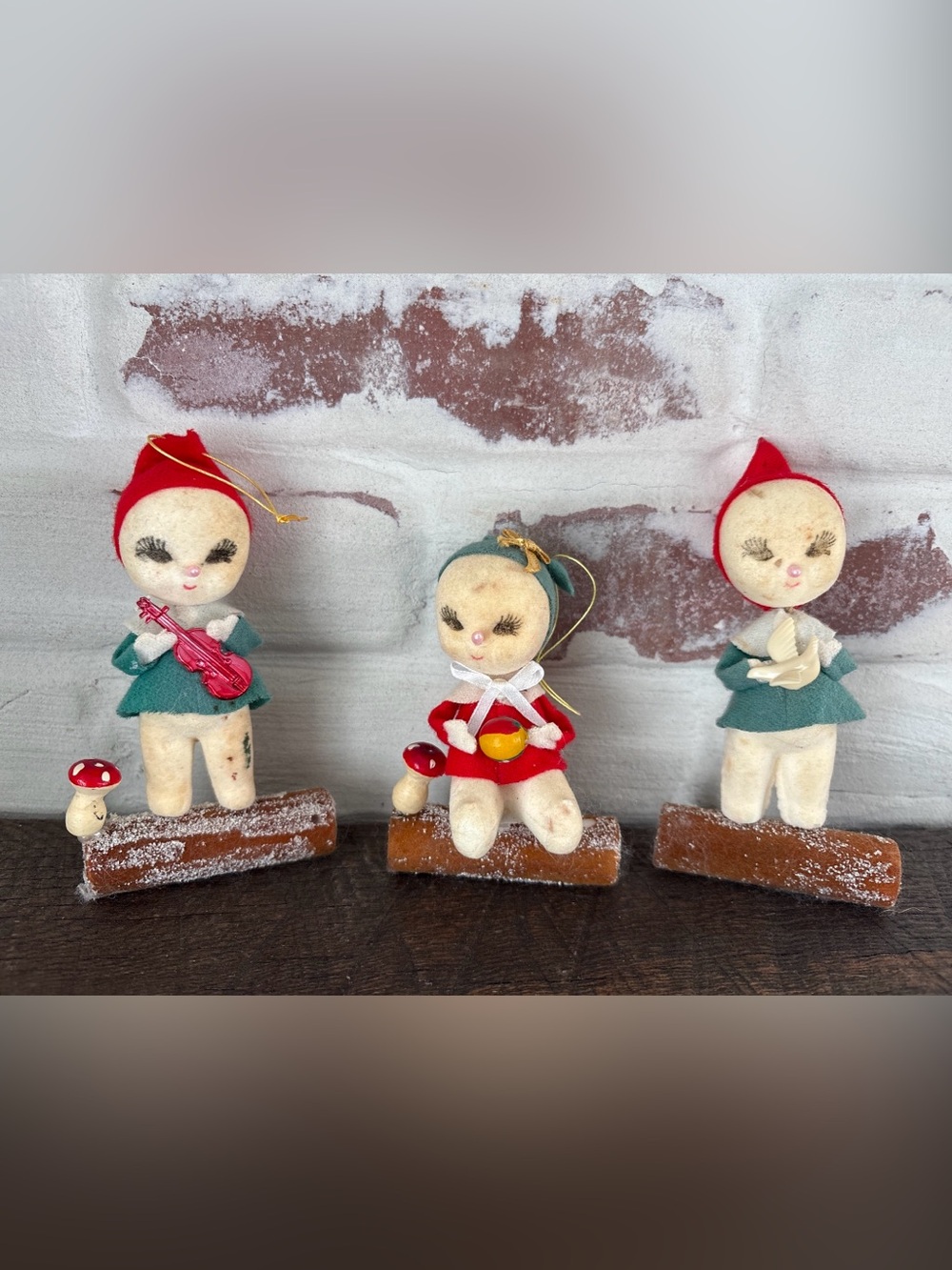 3 VINTAGE Christmas Flocked Felt Snowbaby Ornaments On Log w/Mushroom/Dove Japan